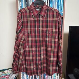 Vintage Wrangler Western Red, Black, Tan, Silver Plaid Snap Shirt Sz L